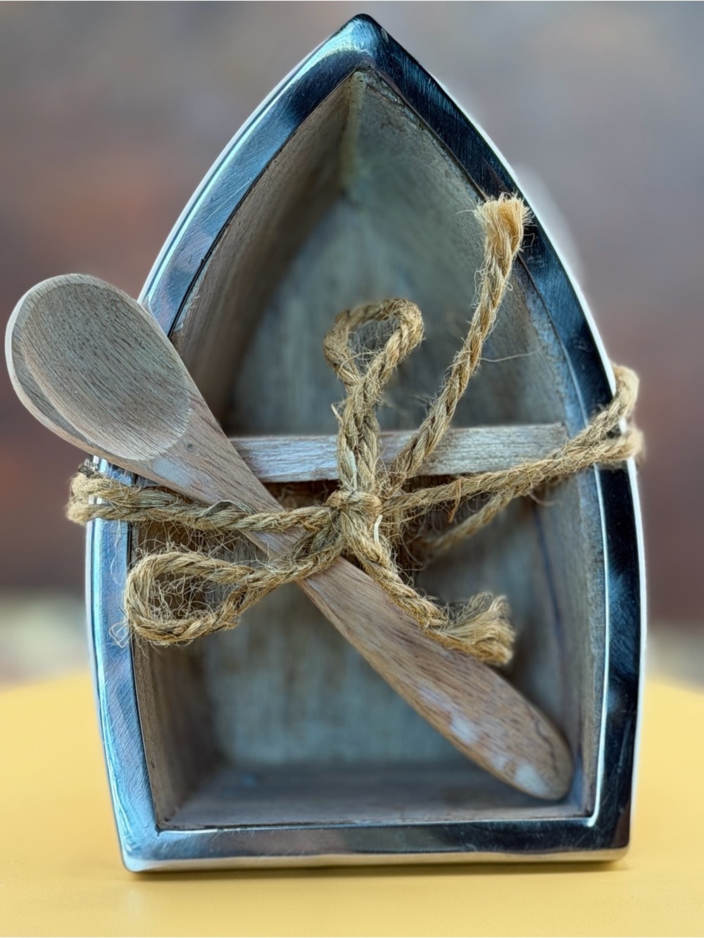 Salt & Pepper Wooden Boat Shelf with Rope and Spoon - Natural Brown